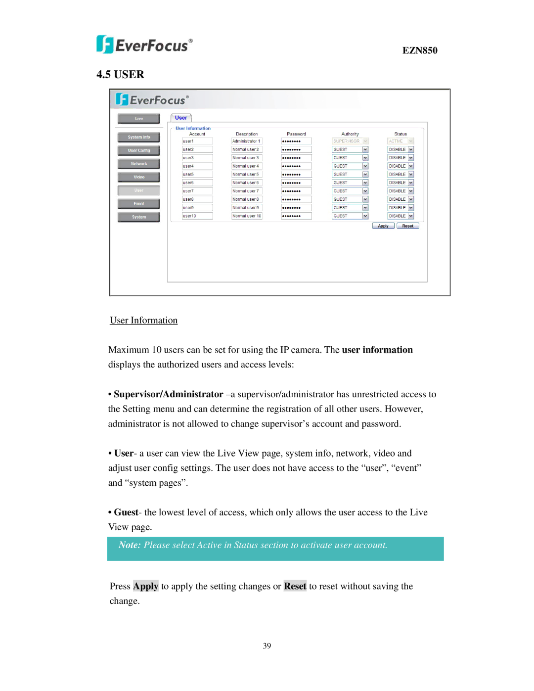 EverFocus EZN850 user manual User 