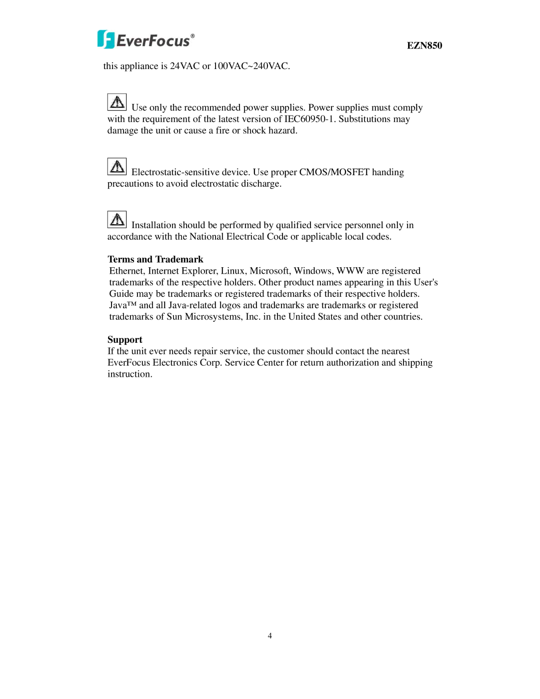 EverFocus EZN850 user manual Terms and Trademark, Support 