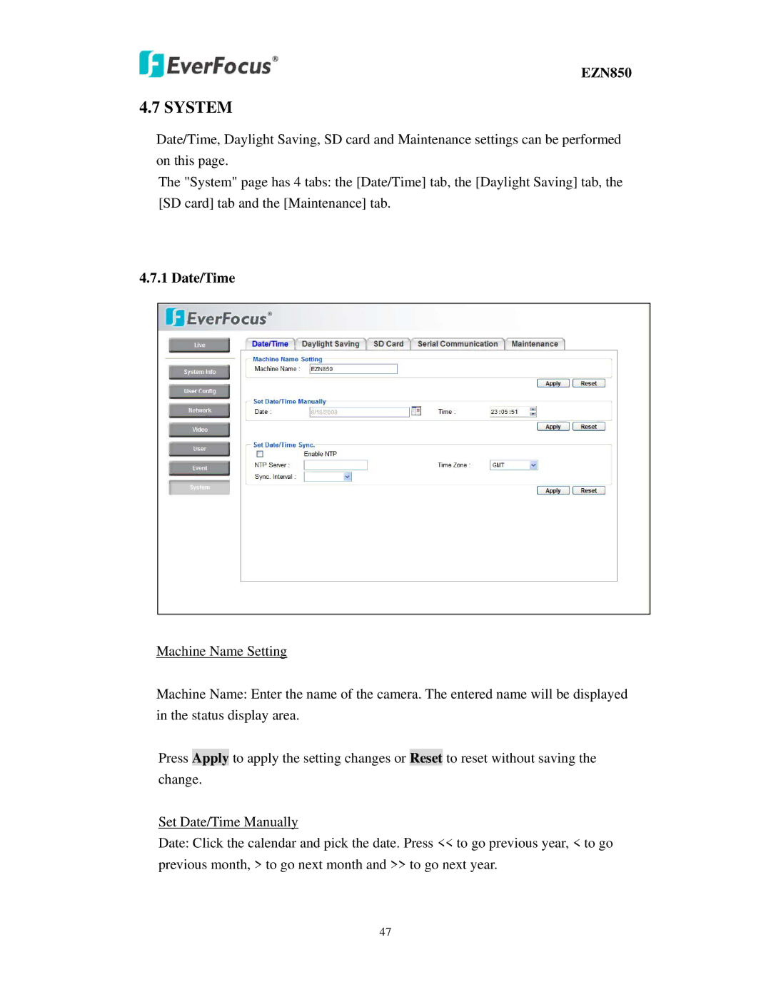 EverFocus EZN850 user manual System, Date/Time 