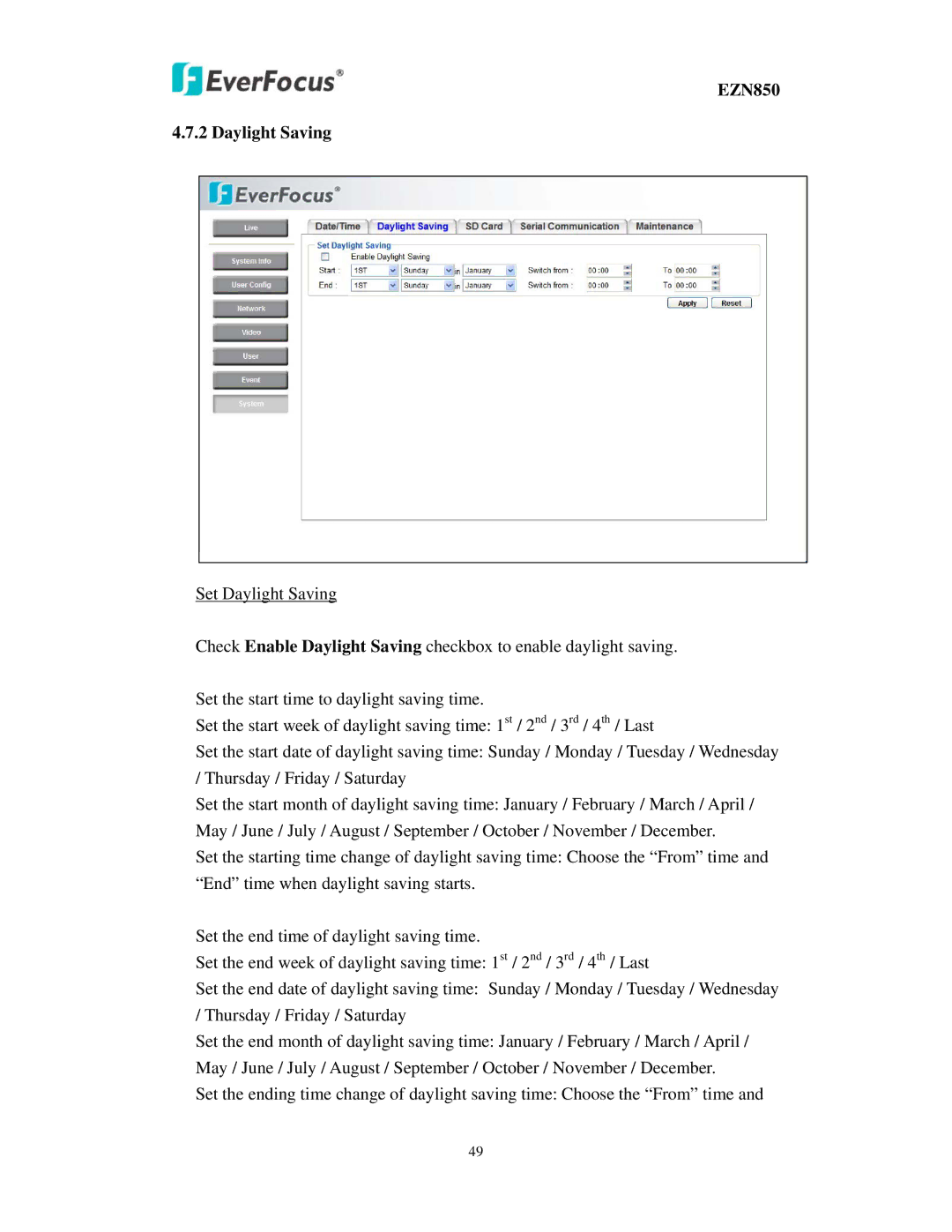 EverFocus user manual EZN850 Daylight Saving 