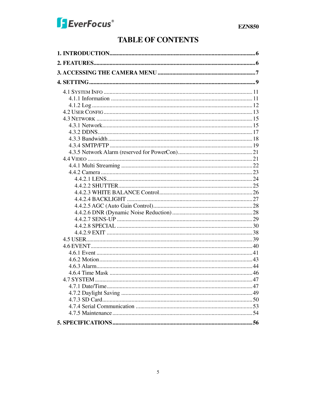 EverFocus EZN850 user manual Table of Contents 