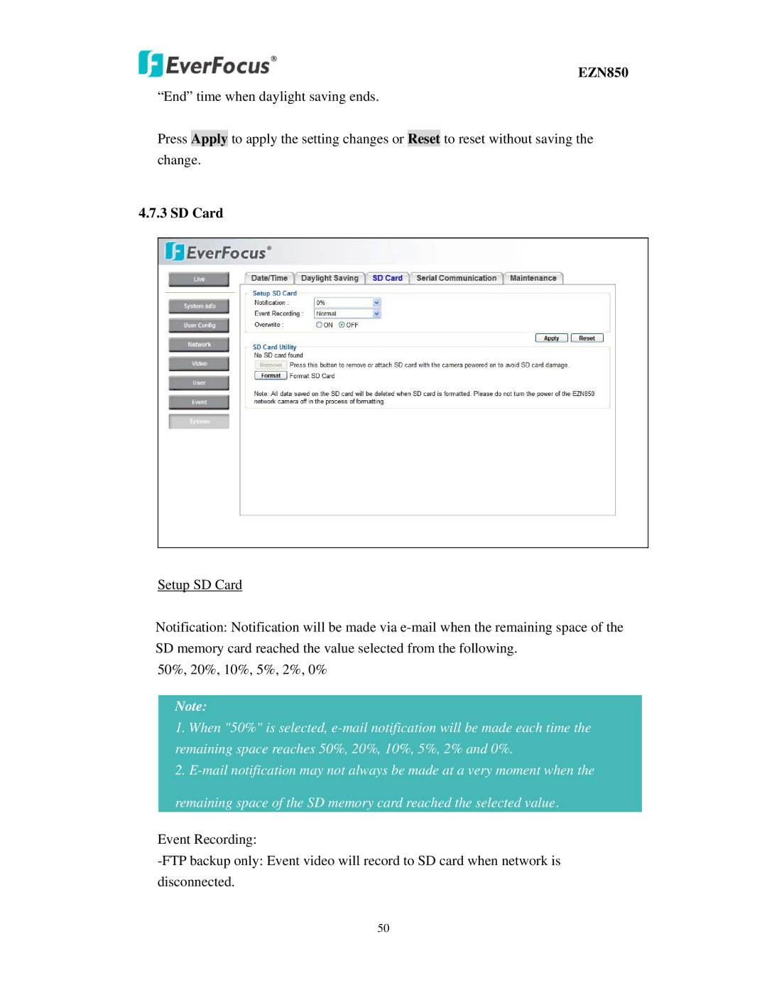 EverFocus EZN850 user manual SD Card 