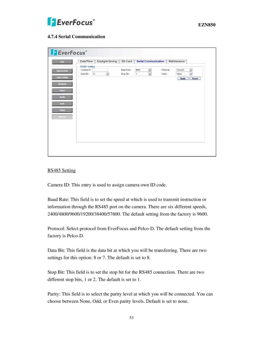 EverFocus user manual EZN850 Serial Communication 