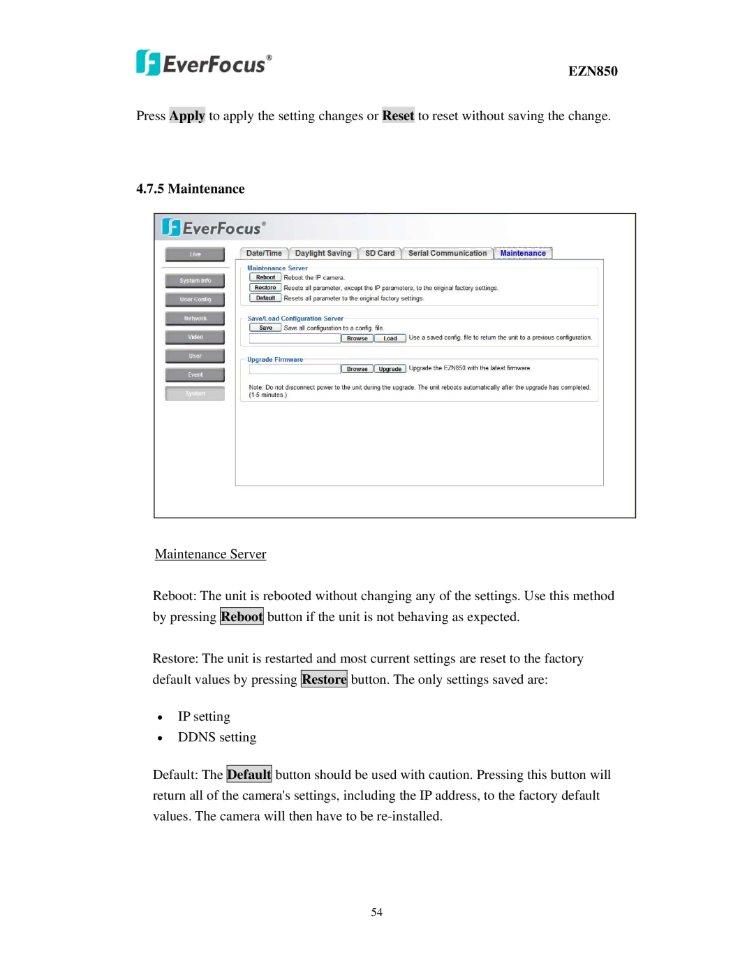 EverFocus EZN850 user manual Maintenance 