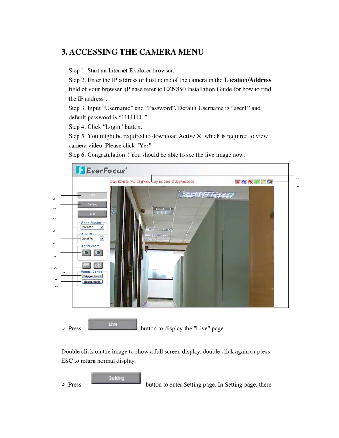 EverFocus EZN850 user manual Accessing the Camera Menu 