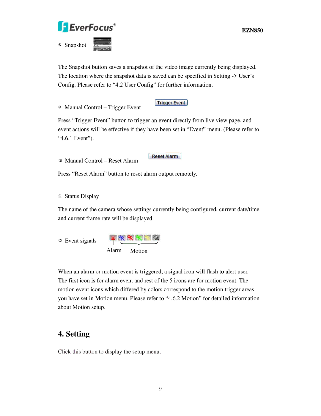 EverFocus EZN850 user manual Setting 