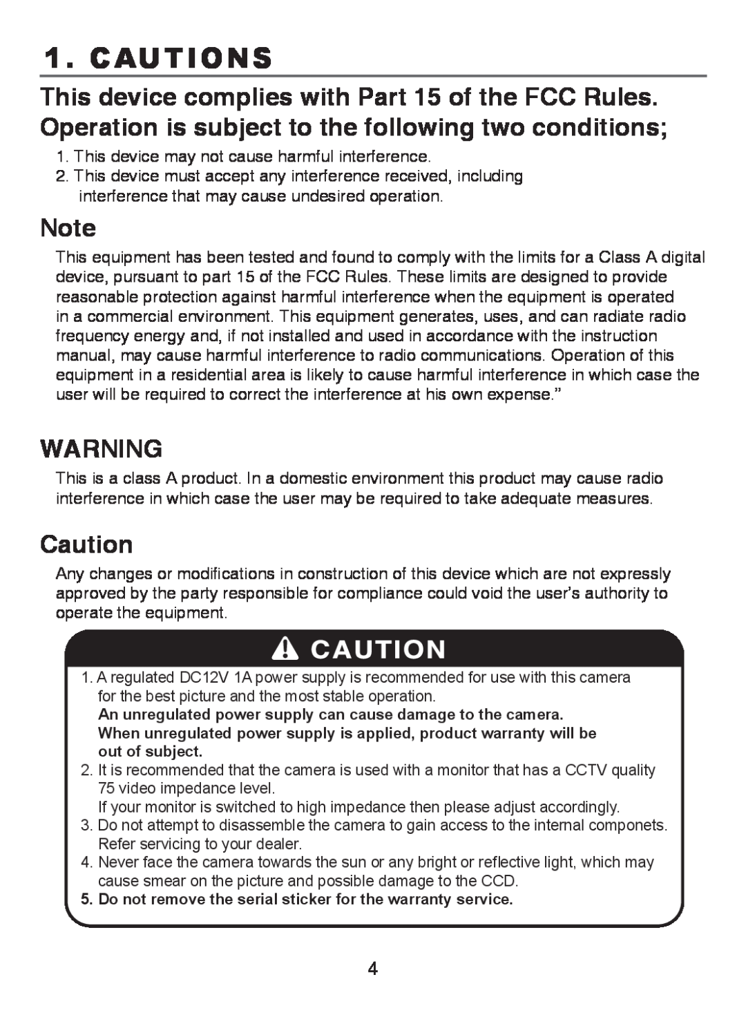 EverFocus M107-N501-001 operation manual Cautions 
