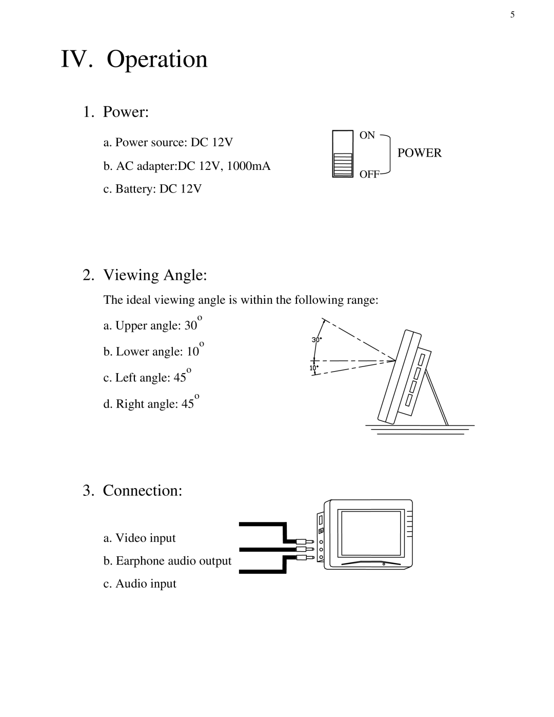 EverFocus MEN2G00200 user manual IV. Operation, Power, Viewing Angle, Connection 