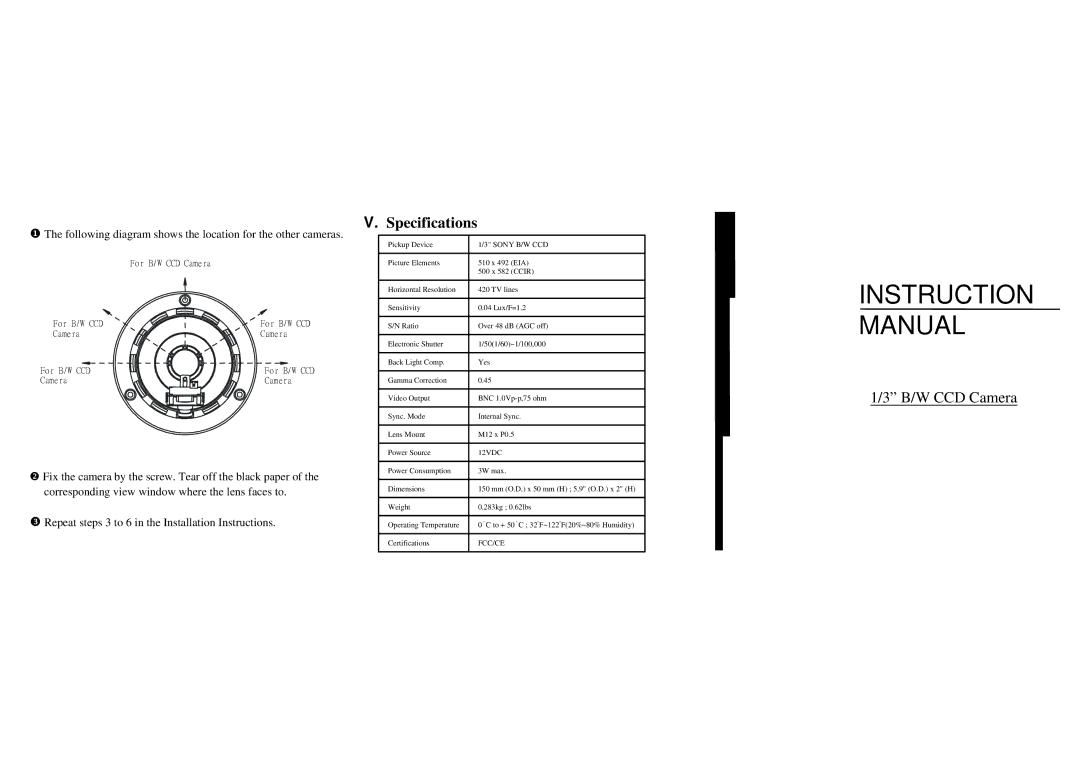 EverFocus None instruction manual Specifications, Sony B/W CCD, 12VDC, Fcc/Ce 