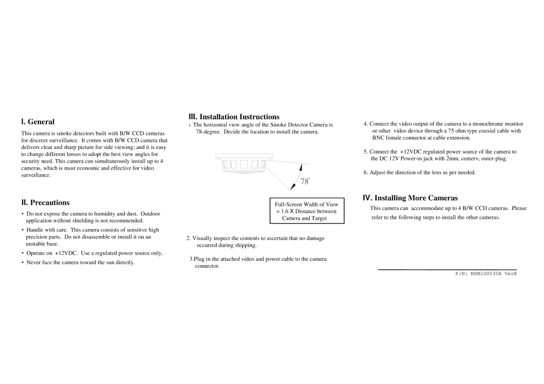 EverFocus None instruction manual General, II. Precautions, III. Installation Instructions, IV. Installing More Cameras 