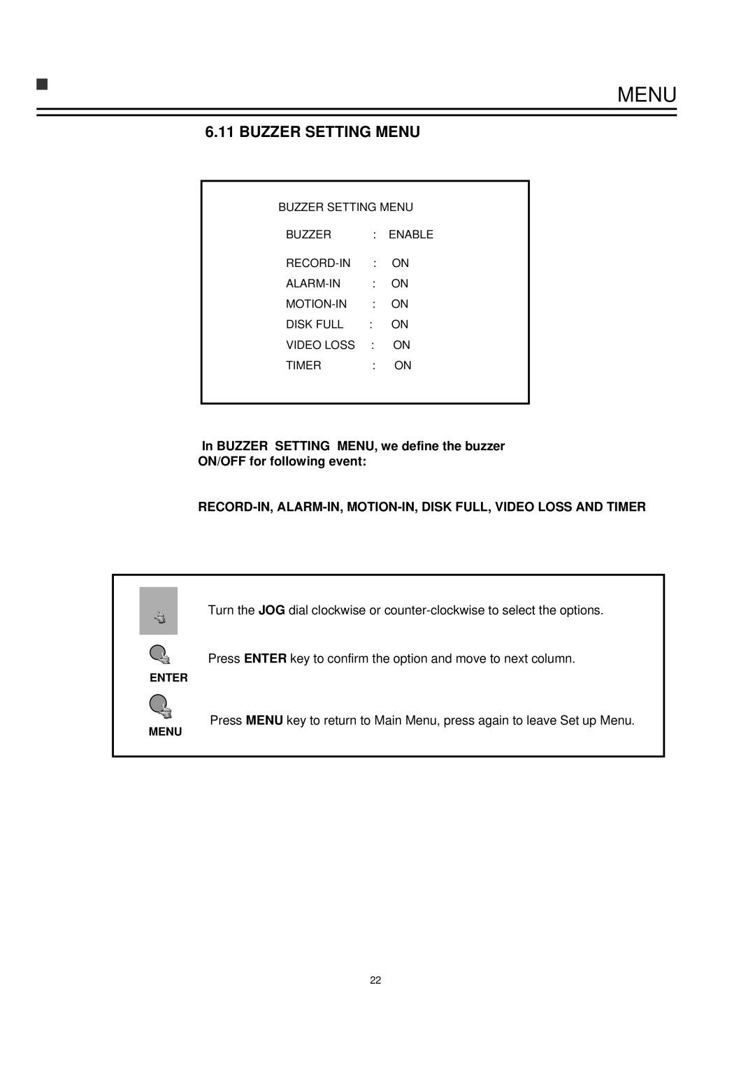 EverFocus TP-S1016DR, TP-S1 0 9DR manual Buzzer Setting Menu 