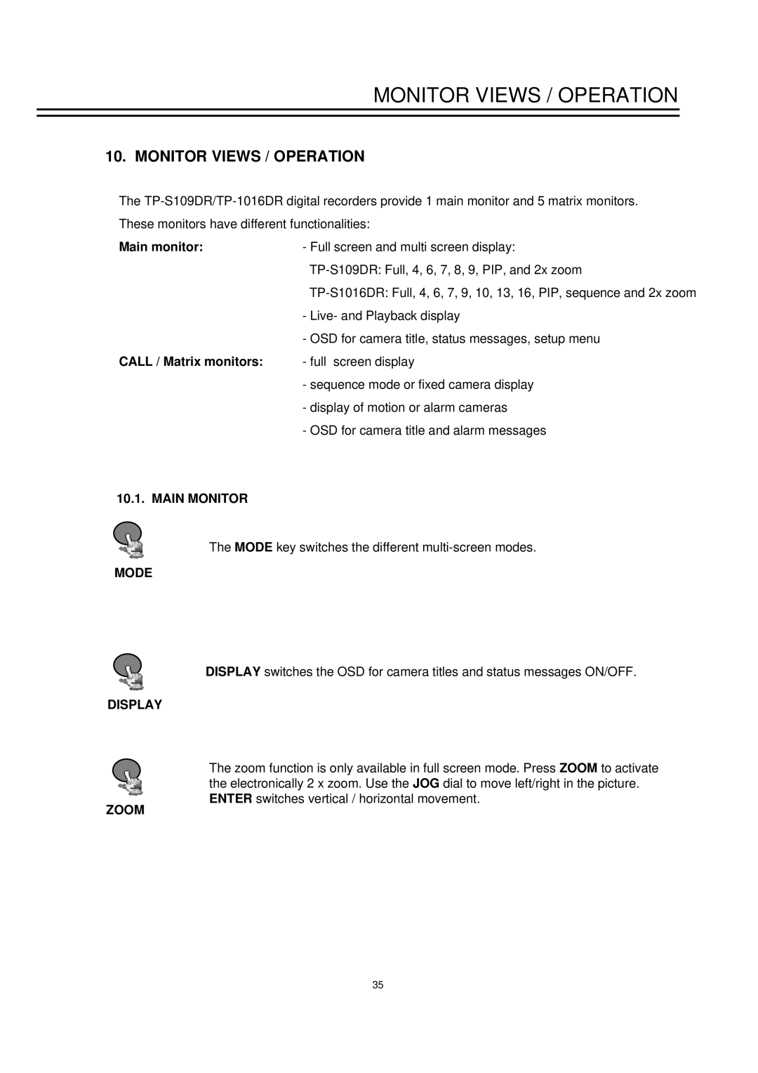 EverFocus TP-S1016DR, TP-S1 0 9DR manual Monitor Views / Operation, Call / Matrix monitors, Main Monitor, Mode, Display Zoom 