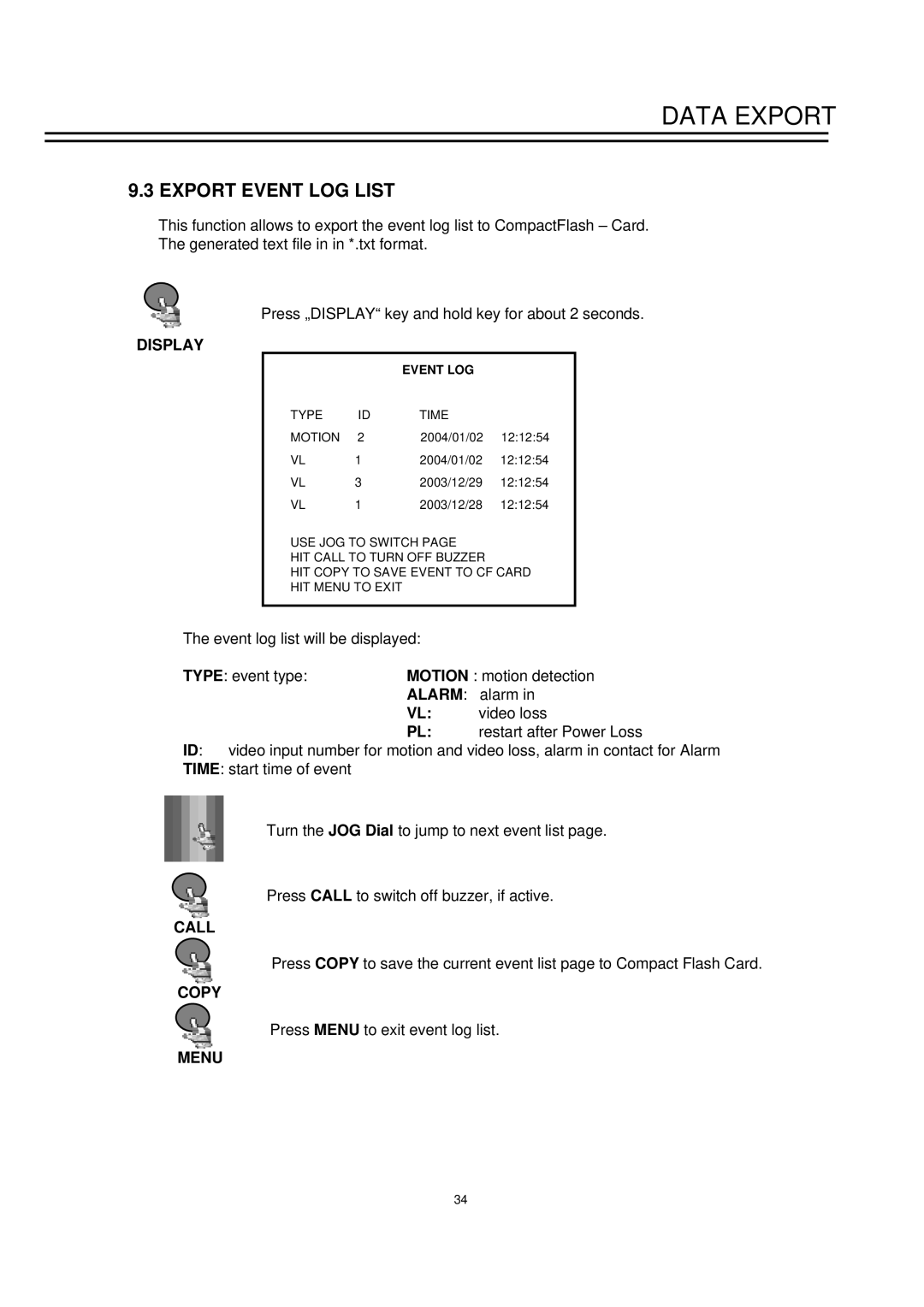 EverFocus TP-S1 0 9DR, TP-S1016DR manual Export Event LOG List, Display, Alarm, Call, Menu 