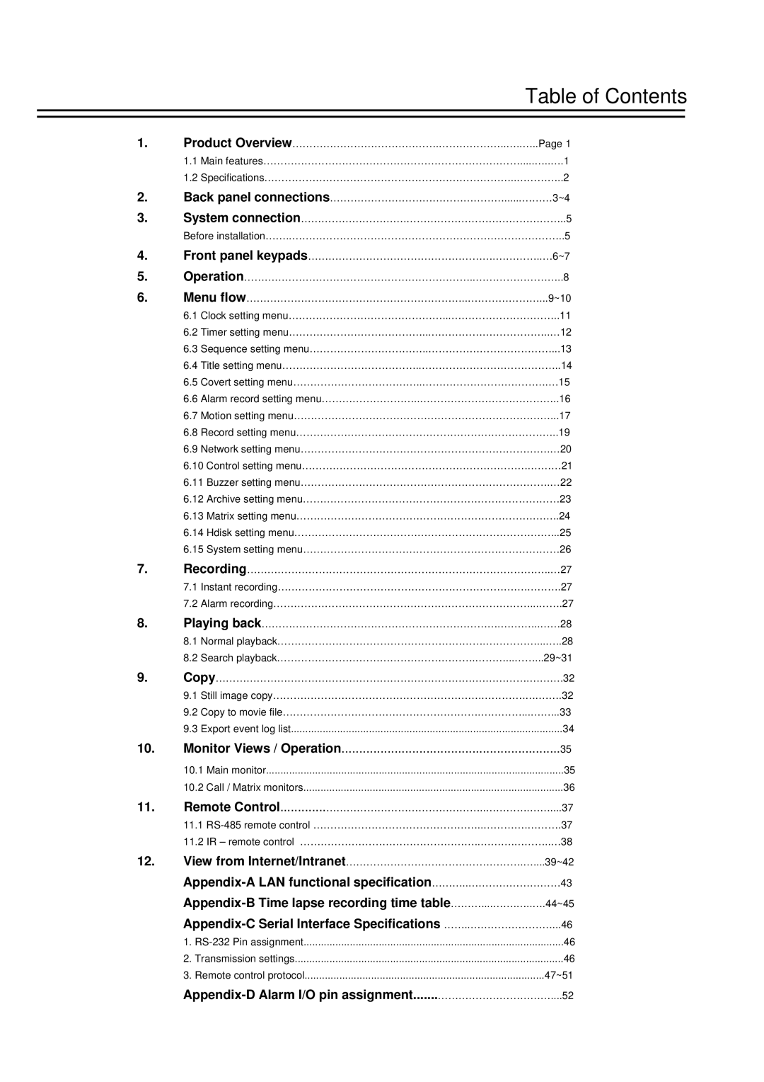 EverFocus TP-S1016DR, TP-S1 0 9DR manual Table of Contents 