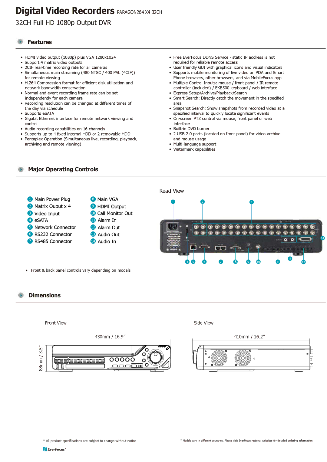 EverFocus X4 manual Features, Major Operating Controls, Dimensions 