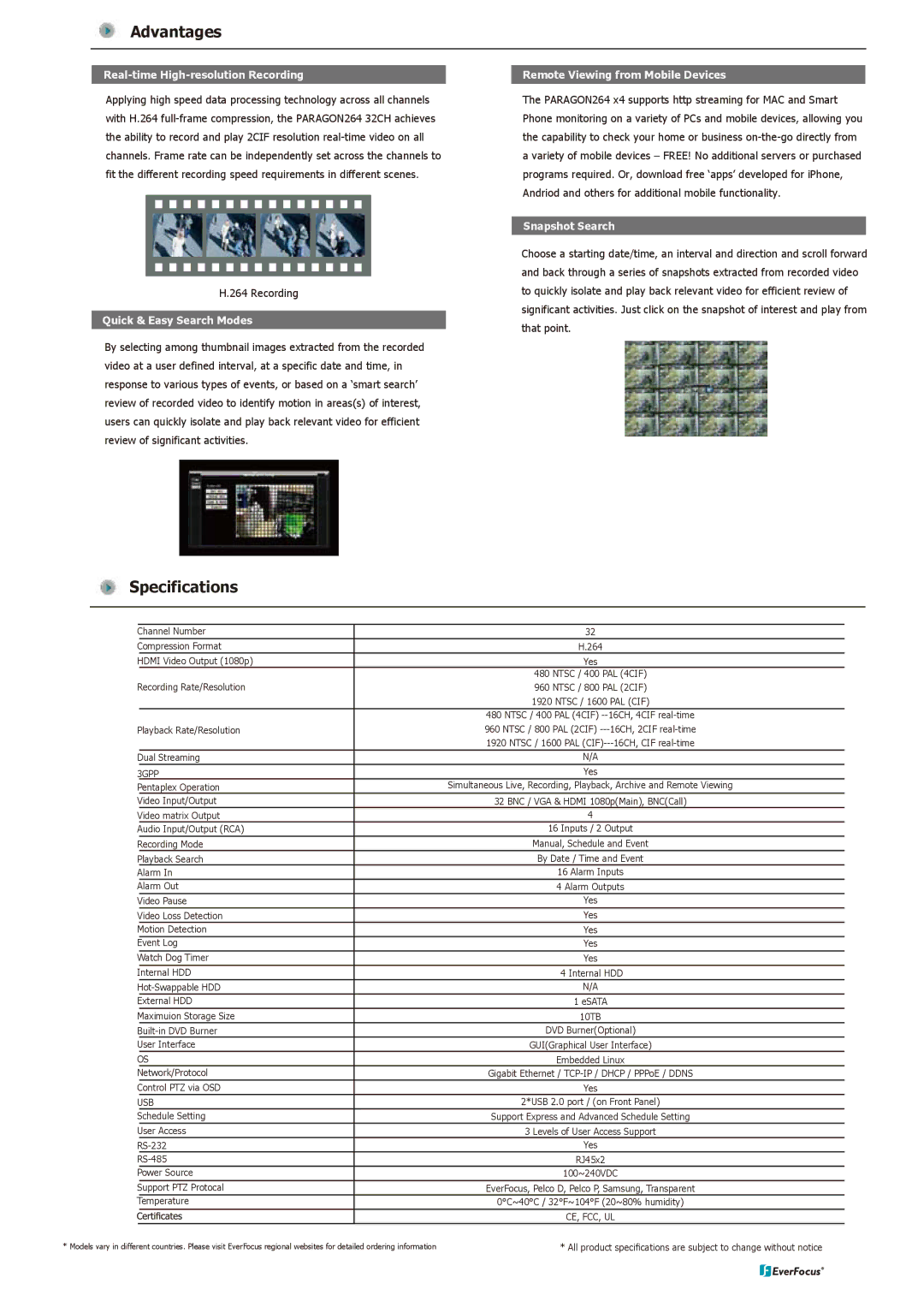 EverFocus X4 manual Advantages, Specifications 