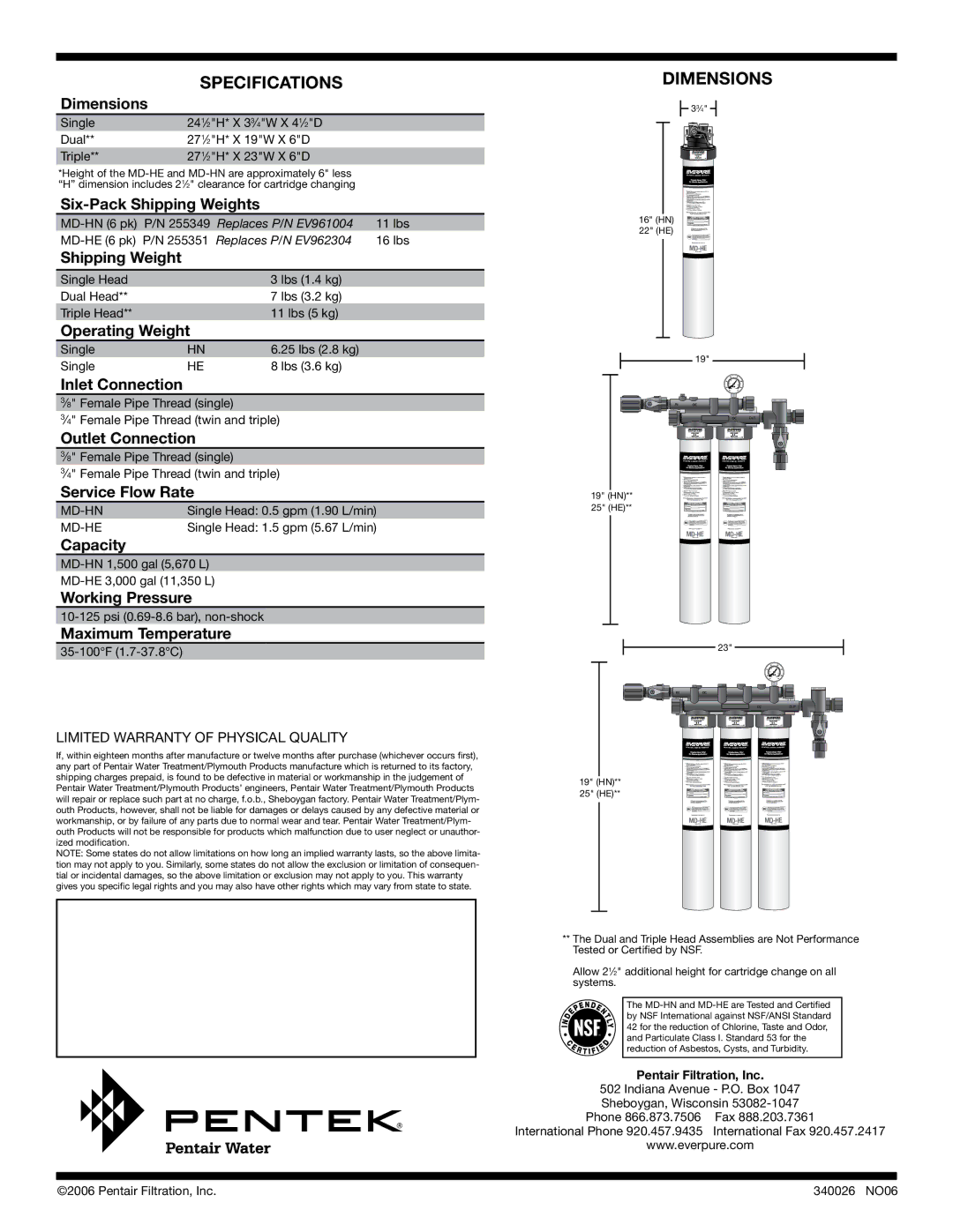 Everpure 255349, 255351 manual Specifications, Dimensions 