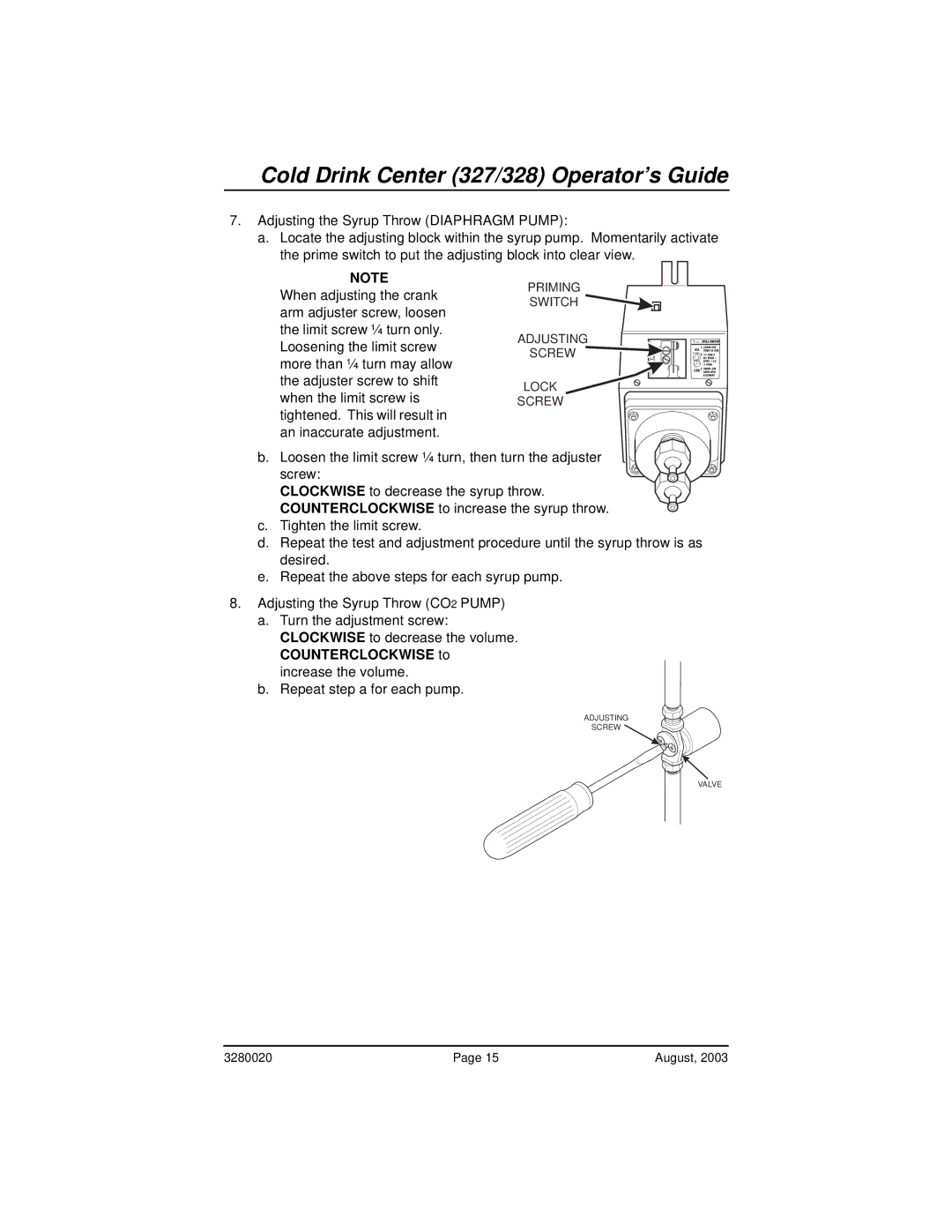 Everpure 325, 327 manual Priming Switch Adjusting Screw Lock 