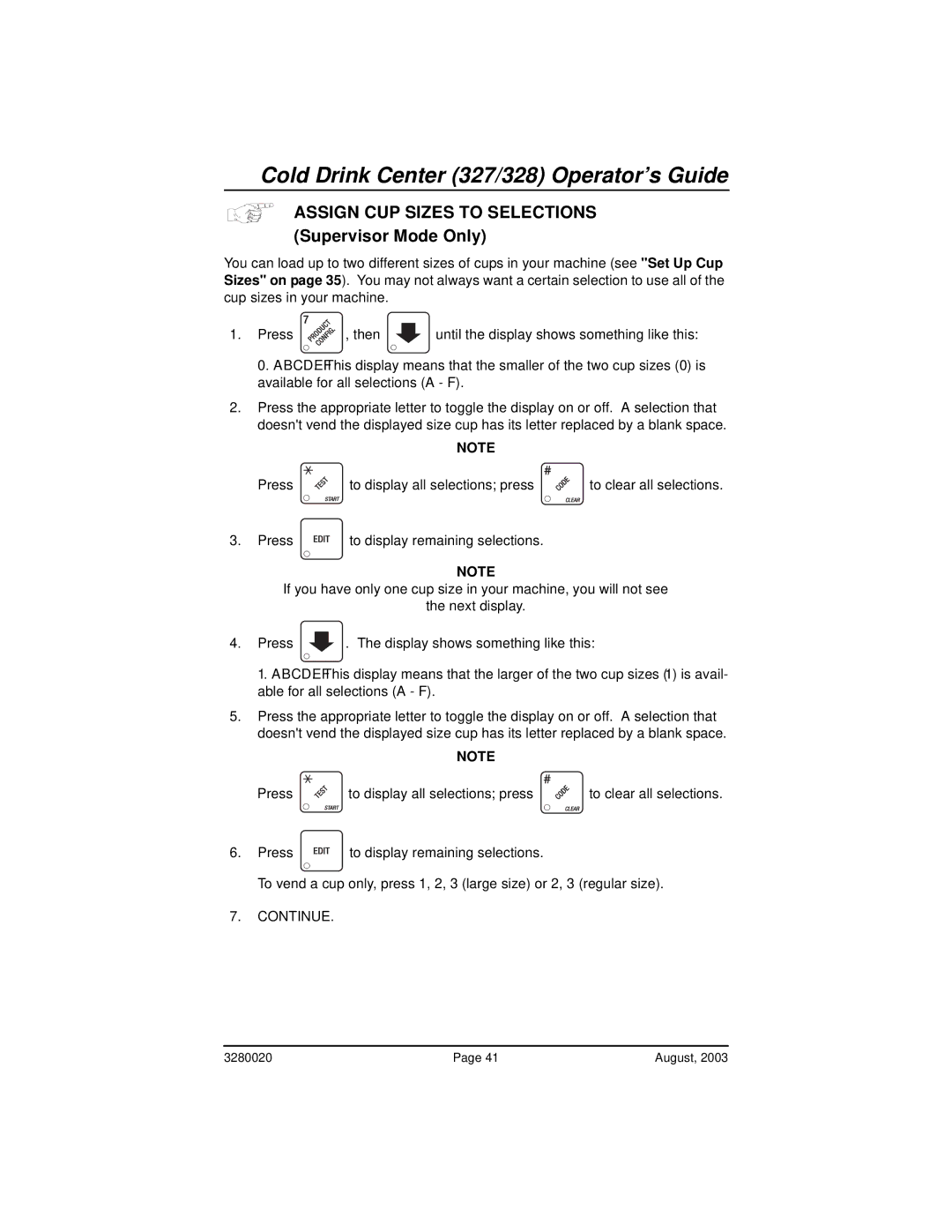 Everpure 325, 327 manual Abcdef, Assign CUP Sizes to Selections Supervisor Mode Only 