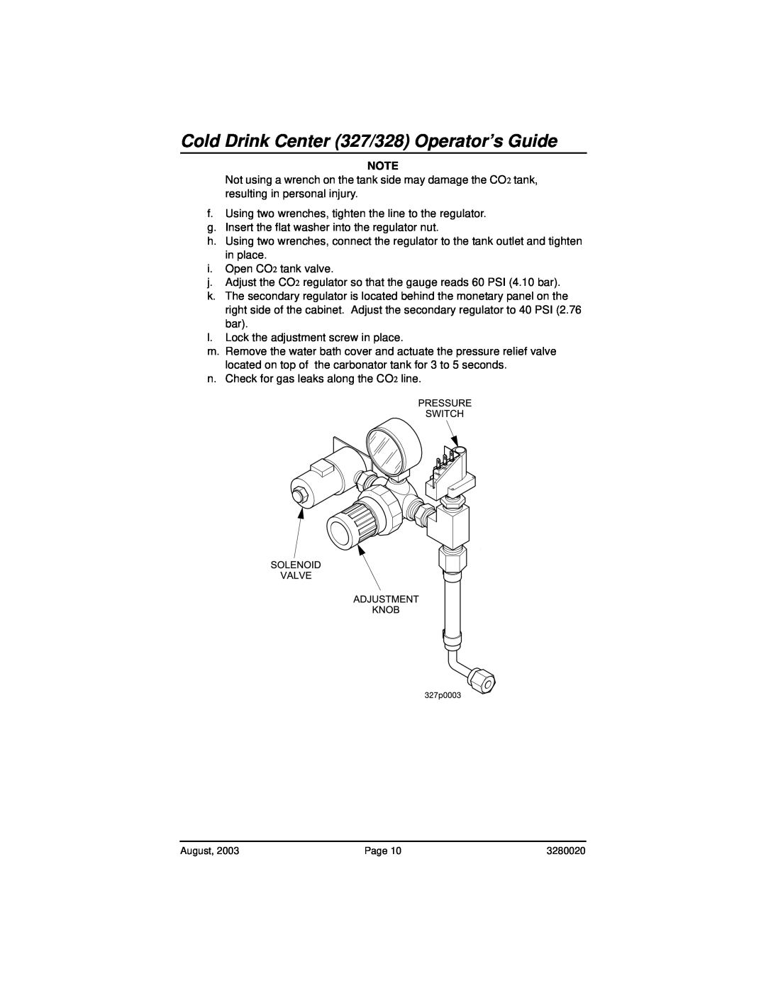 Everpure 325 manual Cold Drink Center 327/328 Operator’s Guide, g.Insert the flat washer into the regulator nut 