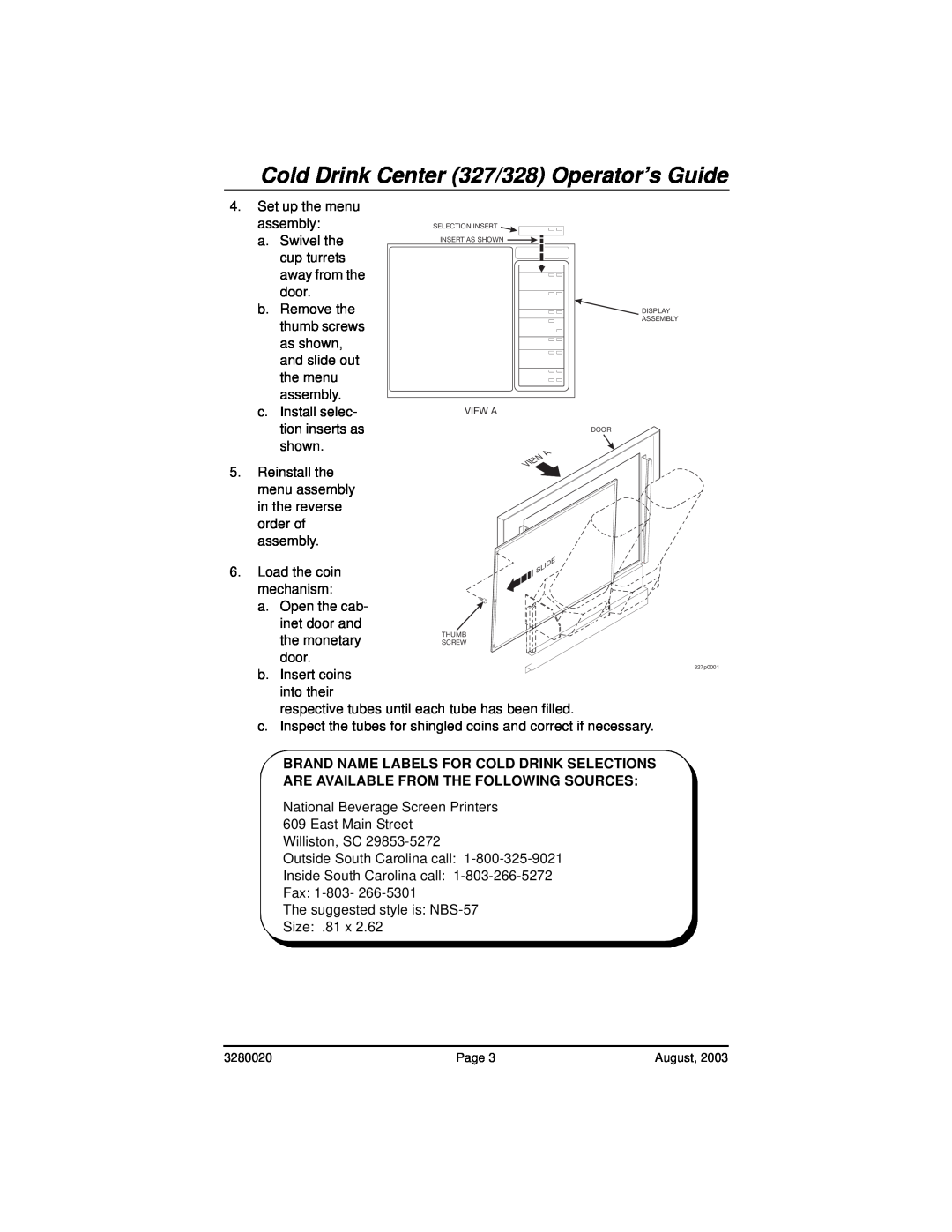 Everpure 325 manual Cold Drink Center 327/328 Operator’s Guide, Set up the menu assembly 