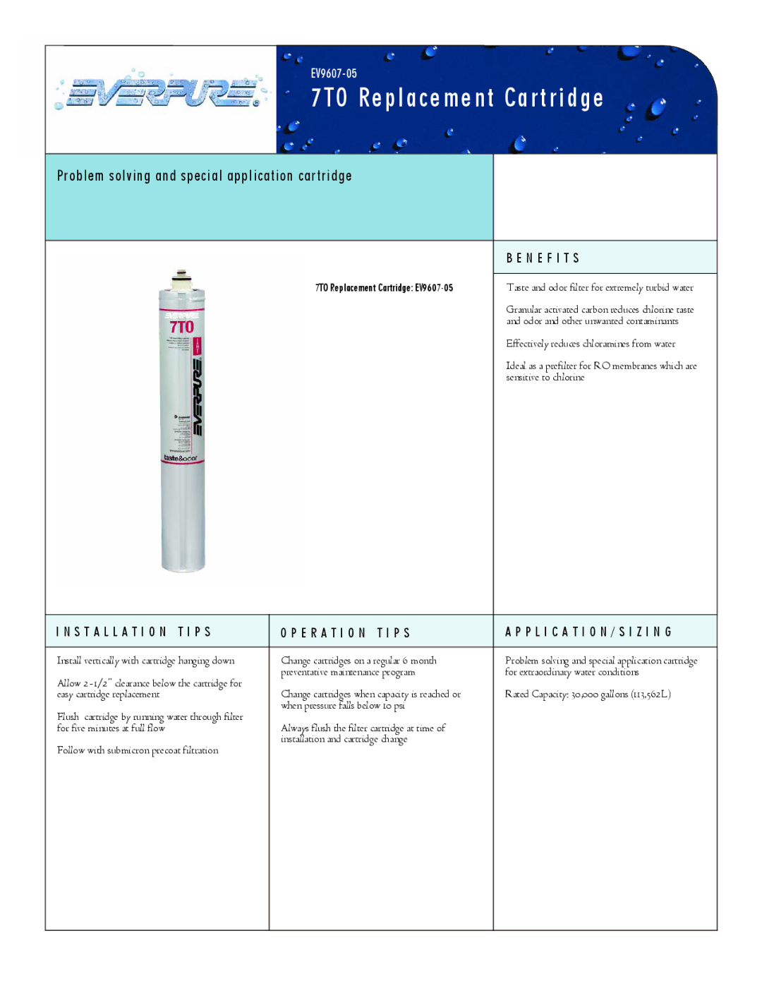 Everpure manual 7TO Replacement Cartridge, Problem solving and special application cartridge, N E F I T S 