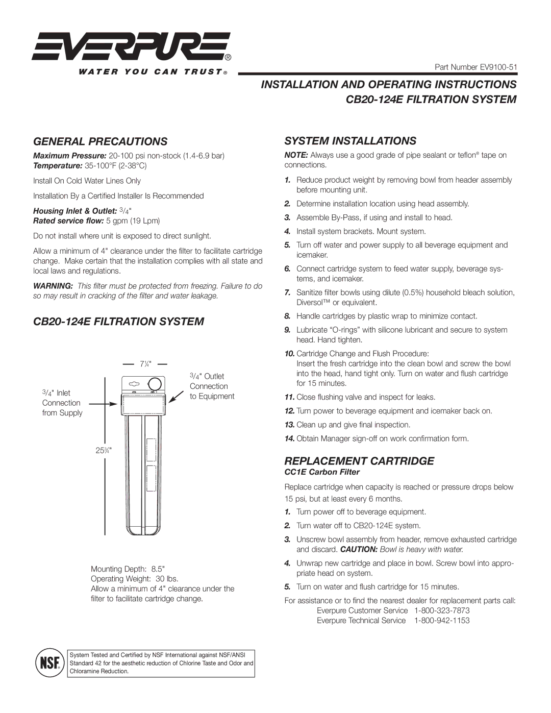 Everpure CB20-124E manual Replacement Cartridge, System Installations, CC1E Carbon Filter 