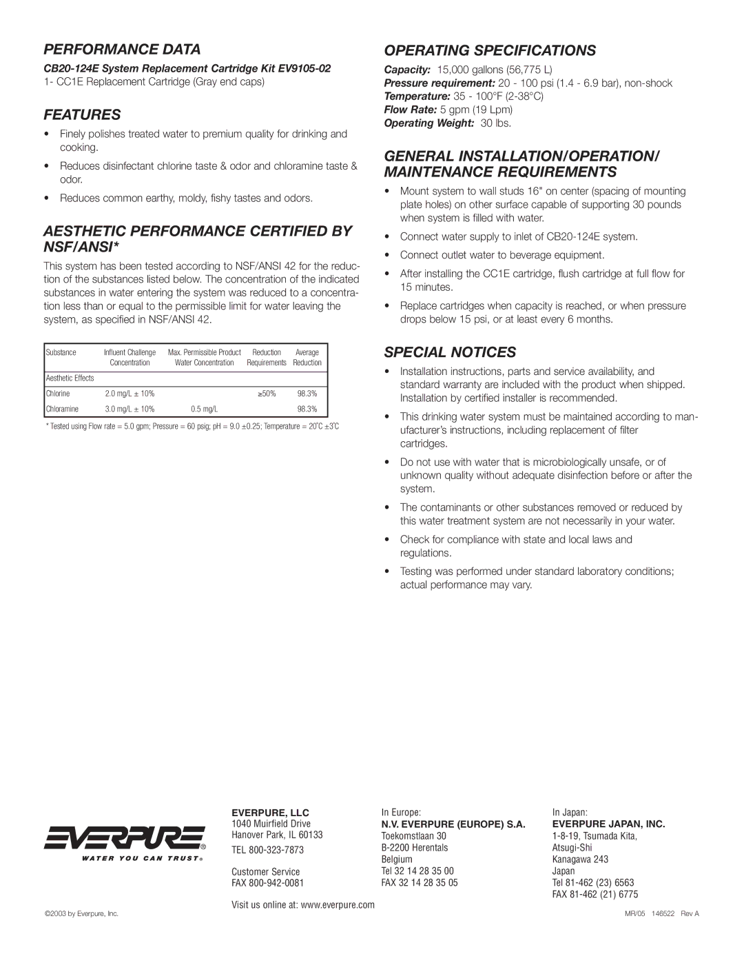 Everpure CB20-124E manual Performance Data, Features, Aesthetic Performance Certified by NSF/ANSI, Operating Specifications 