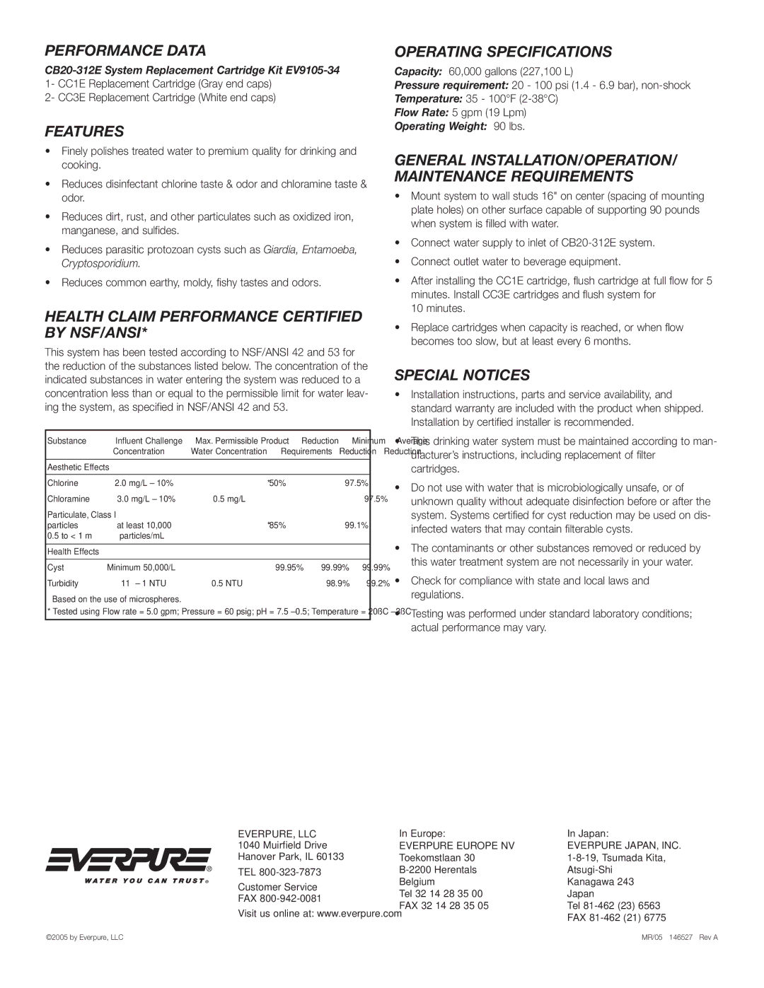 Everpure CB20-312E Performance Data, Features, Health Claim Performance Certified by NSF/ANSI, Operating Specifications 