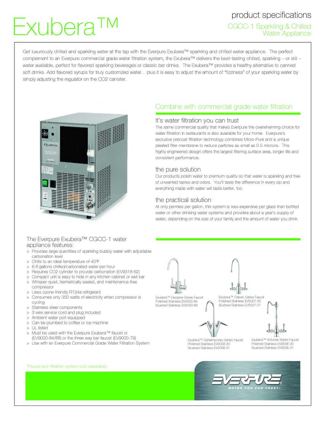 Everpure manual Water Appliance, CGCC-1 Sparkling & Chilled, Combine with commercial grade water filtration 