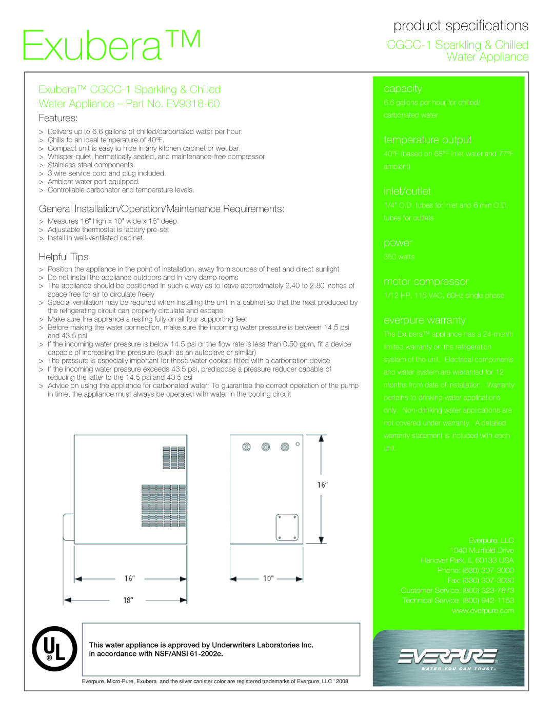 Everpure CGCC-1 manual Features, General Installation/Operation/Maintenance Requirements, Helpful Tips 