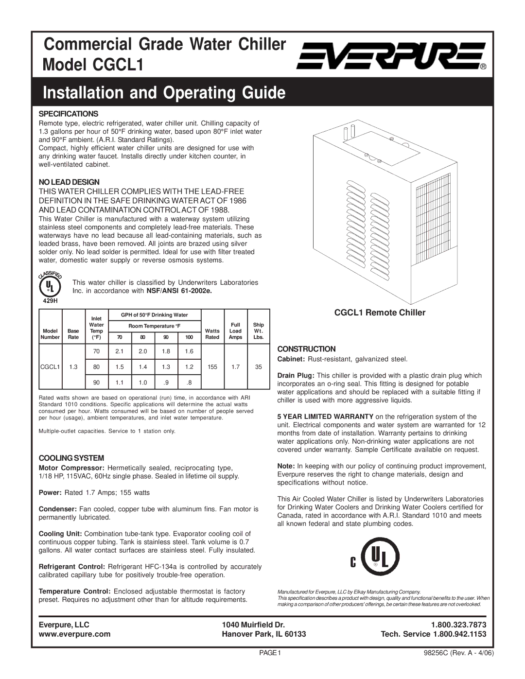 Everpure CGCL1 specifications Installation and Operating Guide, Specifications, No Lead Design, Cooling System 