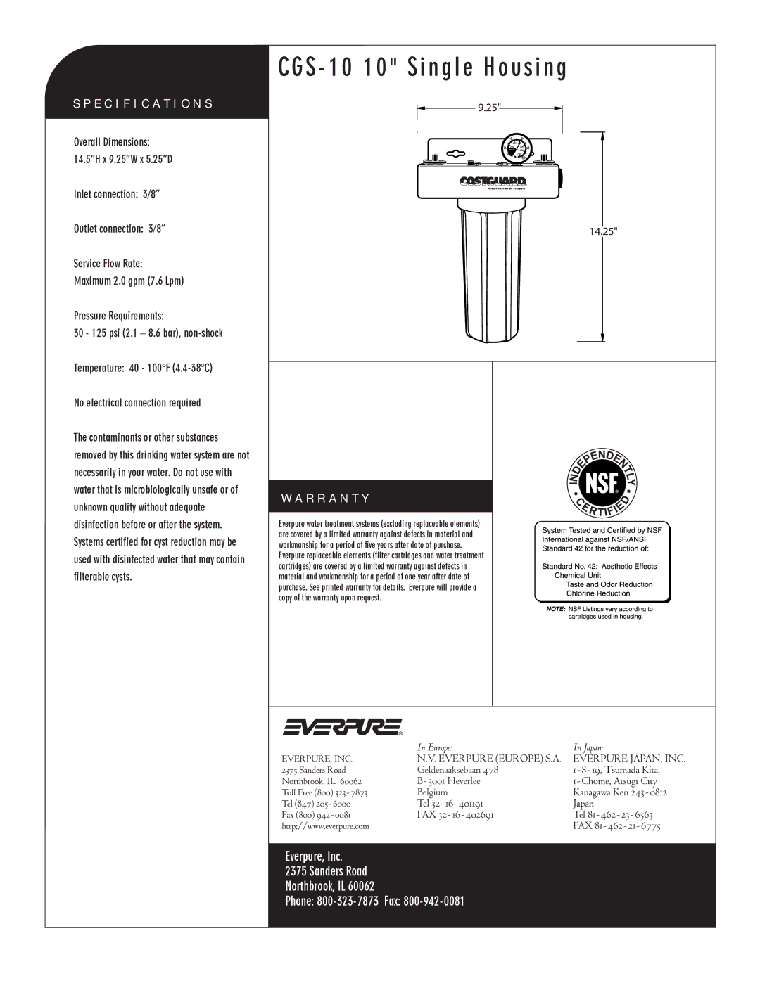 Everpure CGS-10 10 manual Specification S, R R a N T Y 