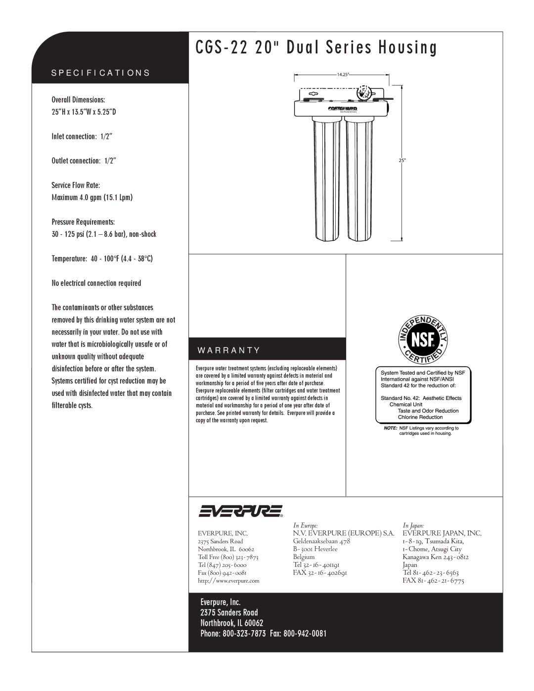 Everpure CGS-22 manual CGS 22 20 Dual Series Housing, Specification S, R R a N T Y 