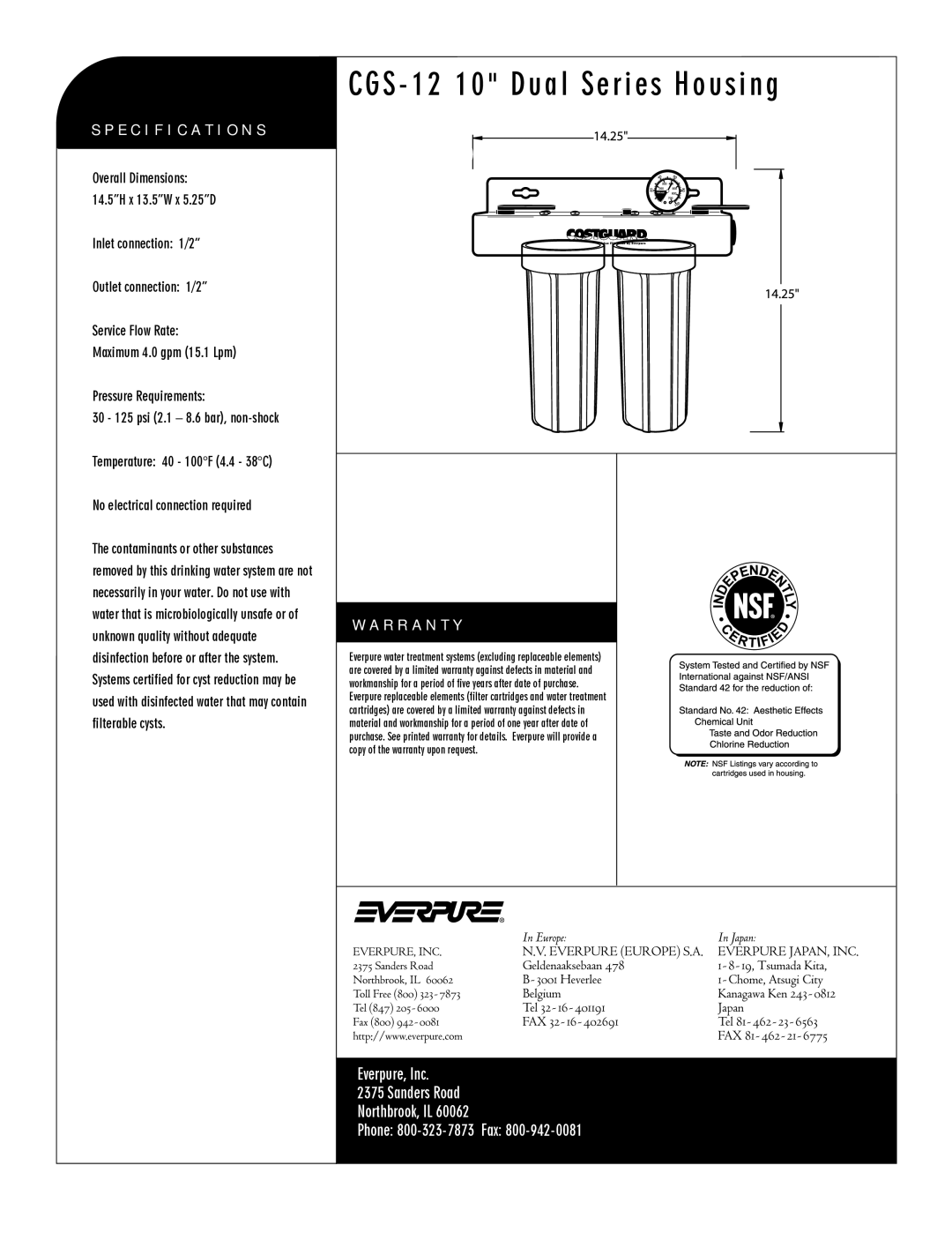 Everpure DEV9100-12, CGS-12 10 manual Specification S, R R a N T Y 