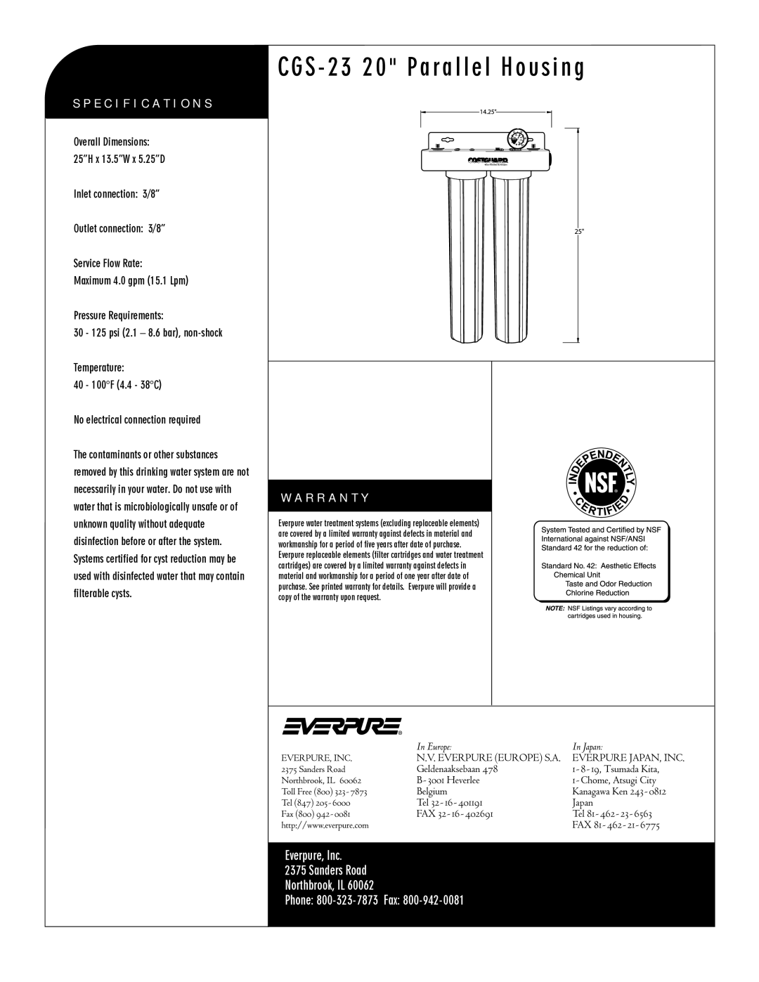 Everpure DEV9100-23, CGS-23 manual Specification S, R R a N T Y 