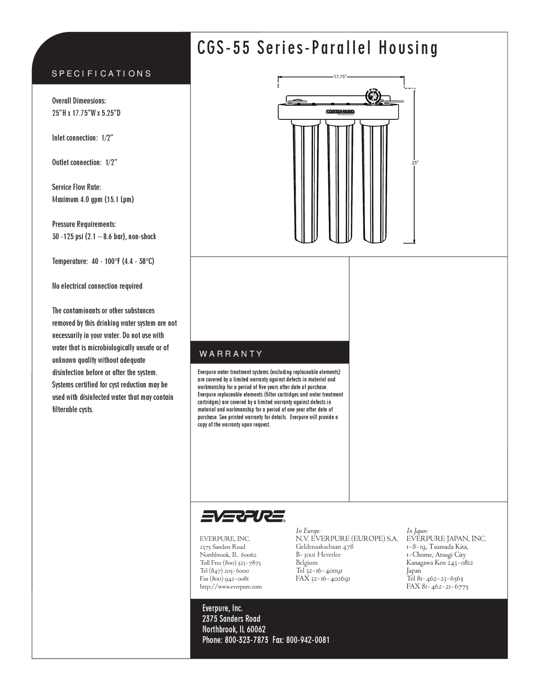 Everpure DEV9100-50, CGS-55 20 manual Specification S, R R a N T Y 