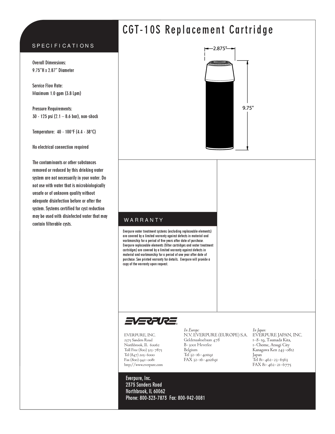 Everpure DEV9108-13 manual CGT 10S Replacement Cartridge, CGT-10S Replacement Cartridge, Specification S, R R a N T Y 