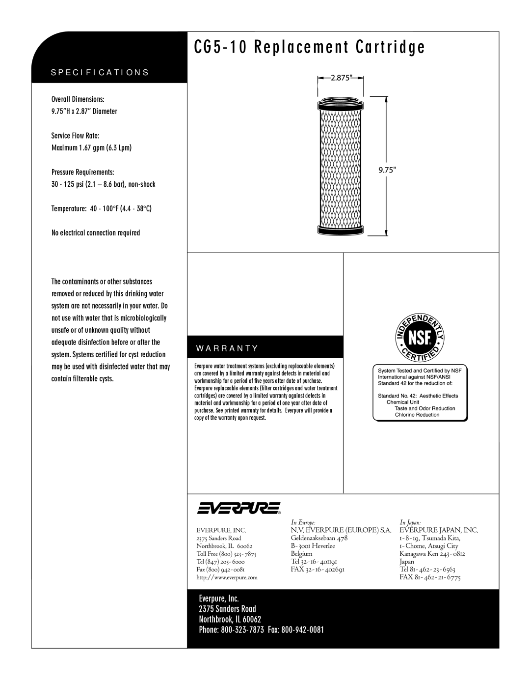 Everpure DEV9108-15 manual CG5 10 Replacement Cartridge, CG5-10 Replacement Cartridge, Specification S, R R a N T Y 