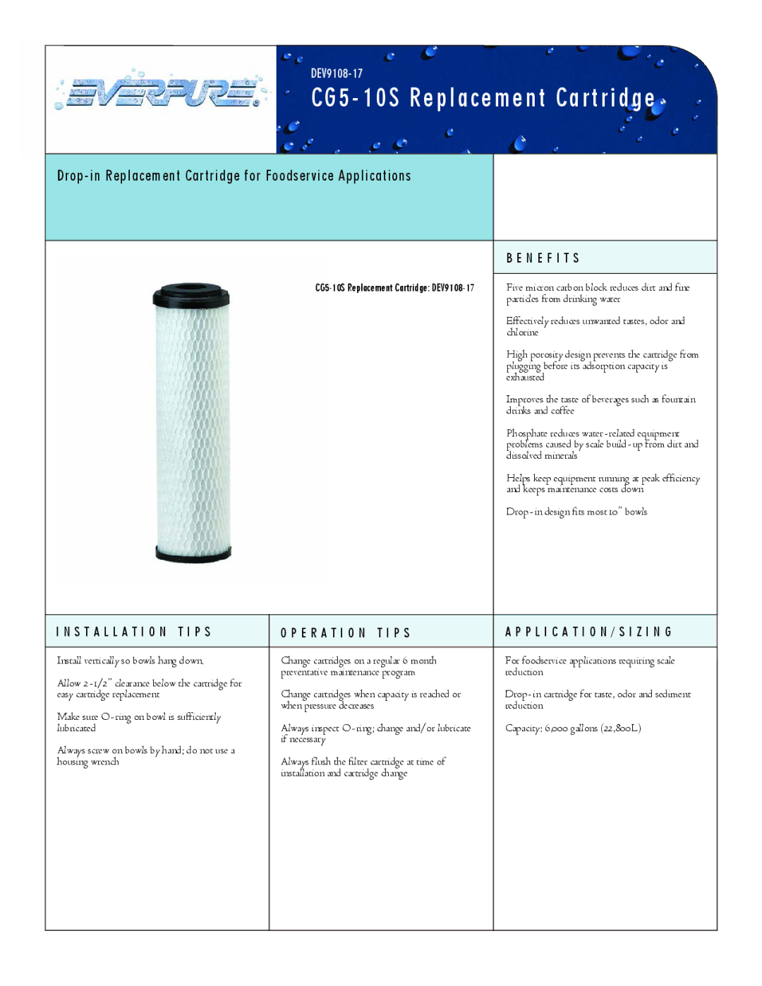 Everpure DEV9108-17 manual CG5 10S Replacement Cartridge, Drop-in Replacement Cartridge for Foodservice Applications 