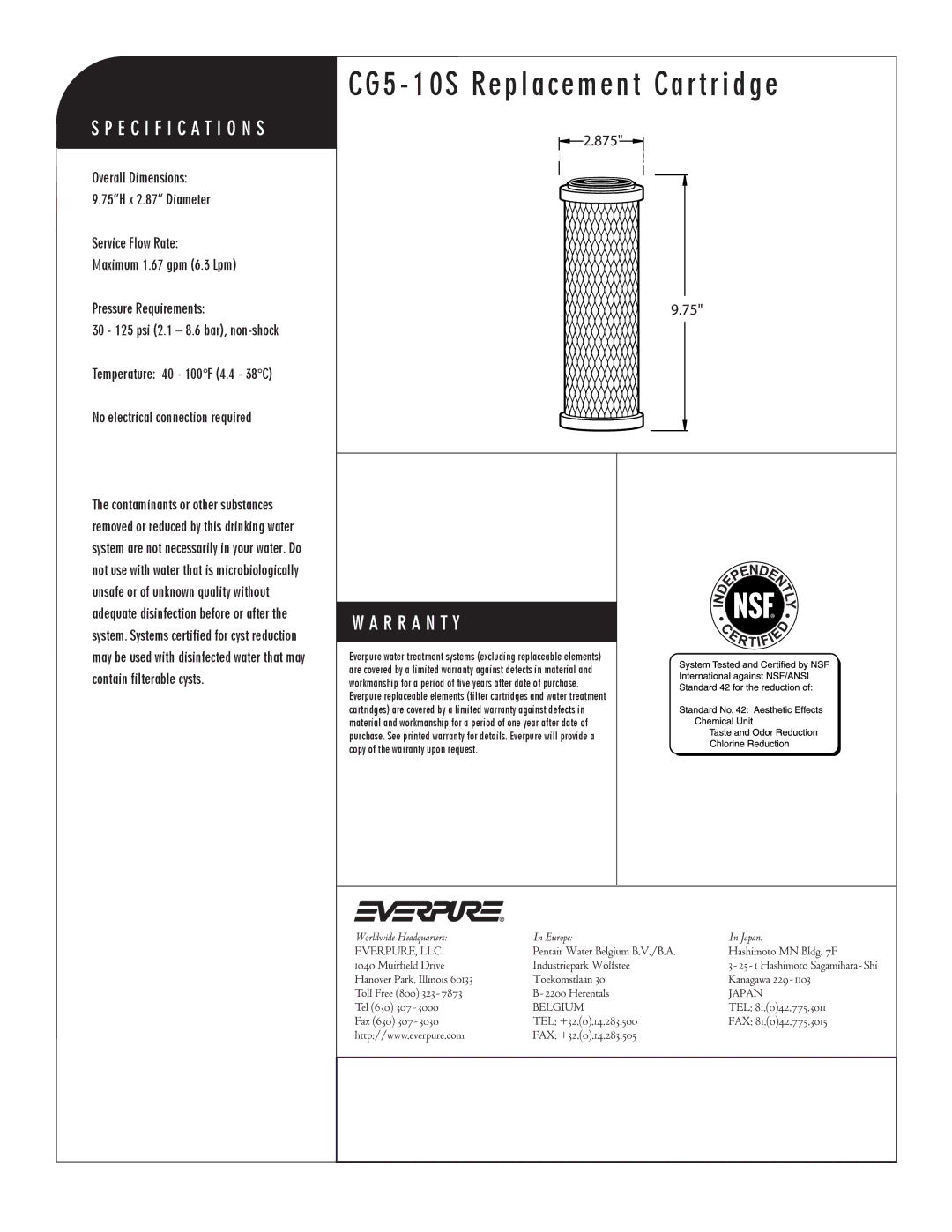 Everpure DEV9108-17 manual CG5 10S Replacement Cartridge, CG5-10S Replacement Cartridge 