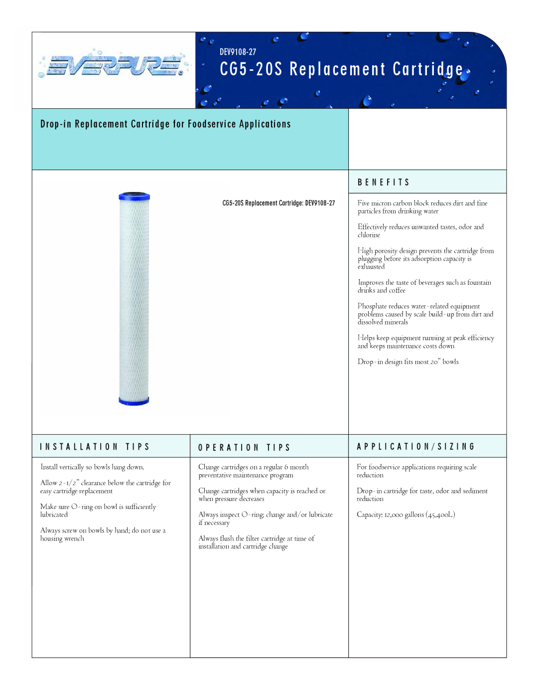 Everpure DEV9108-27 manual CG5 20S Replacement Cartridge, Drop-in Replacement Cartridge for Foodservice Applications 