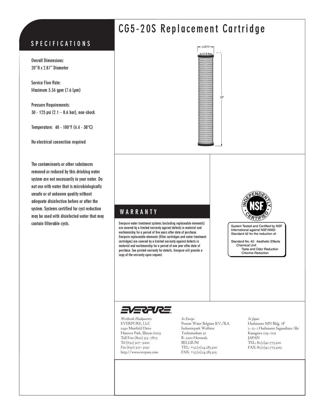 Everpure DEV9108-27 manual CG5 20S Replacement Cartridge, CG5-20S Replacement Cartridge 