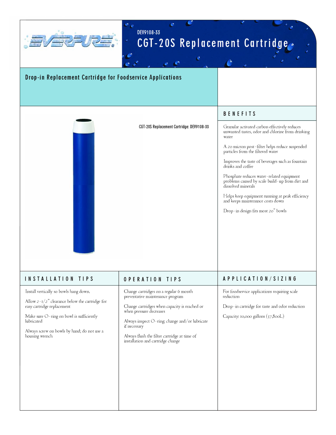 Everpure CGT-20S manual CGT 20S Replacement Cartridge, Drop-in Replacement Cartridge for Foodservice Applications 