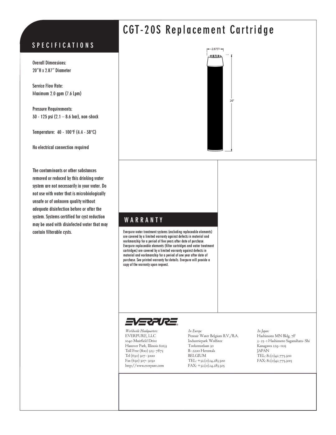 Everpure DEV9108-33 manual CGT 20S Replacement Cartridge, CGT-20S Replacement Cartridge 