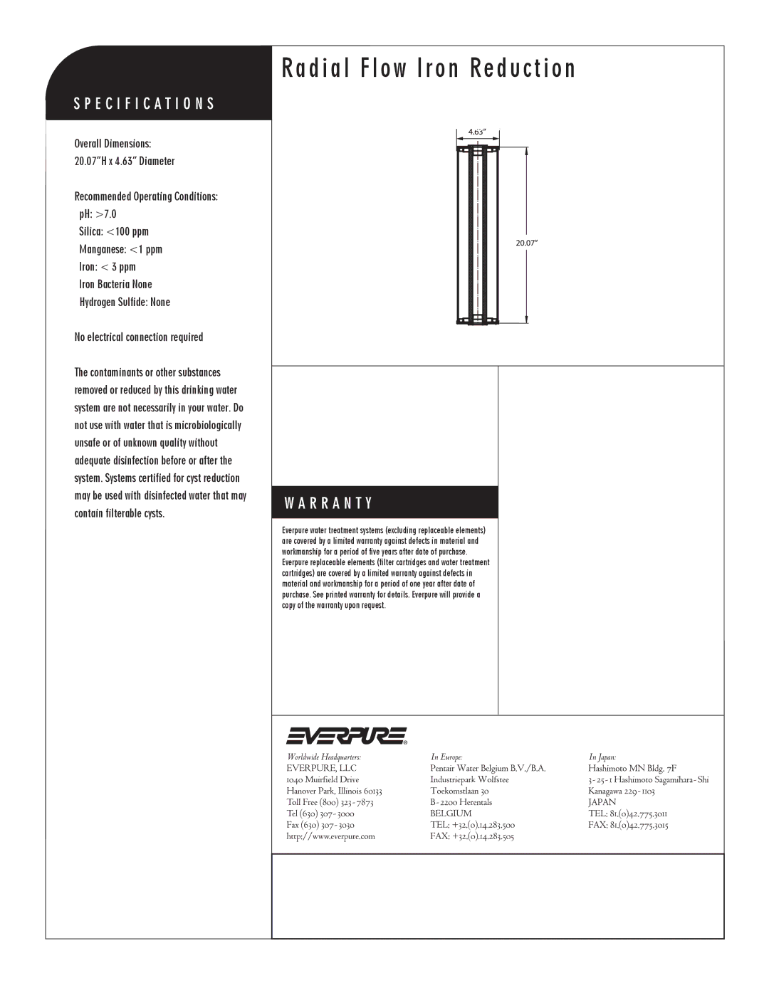 Everpure DEV9108-46 manual Radial Flow Iron Reduction, Drop-in Replacement Cartridge for Foodservice 