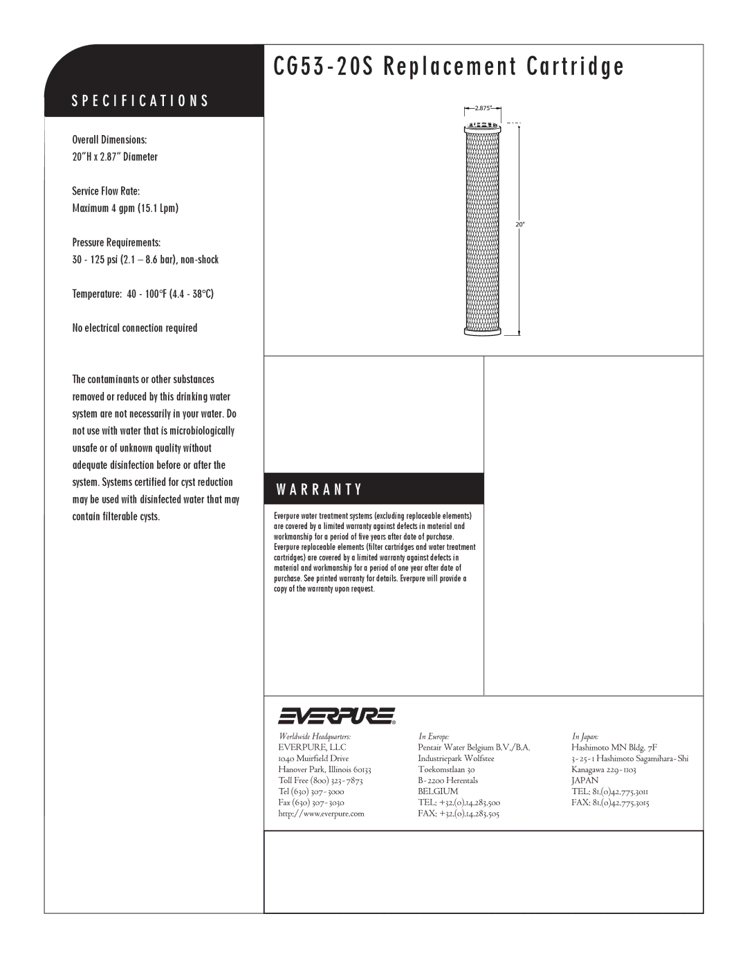 Everpure DEV9108-67 manual CG53 20S Replacement Cartridge, CG53-20S Replacement Cartridge 