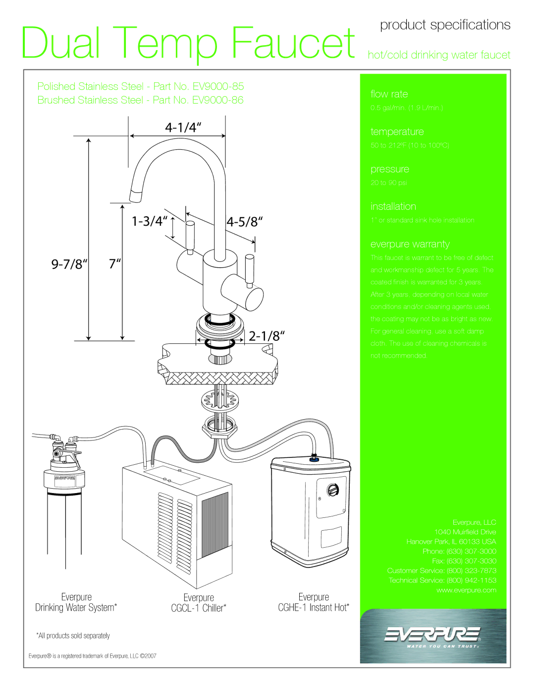 Everpure Dual Temp Faucet manual Product specifications 