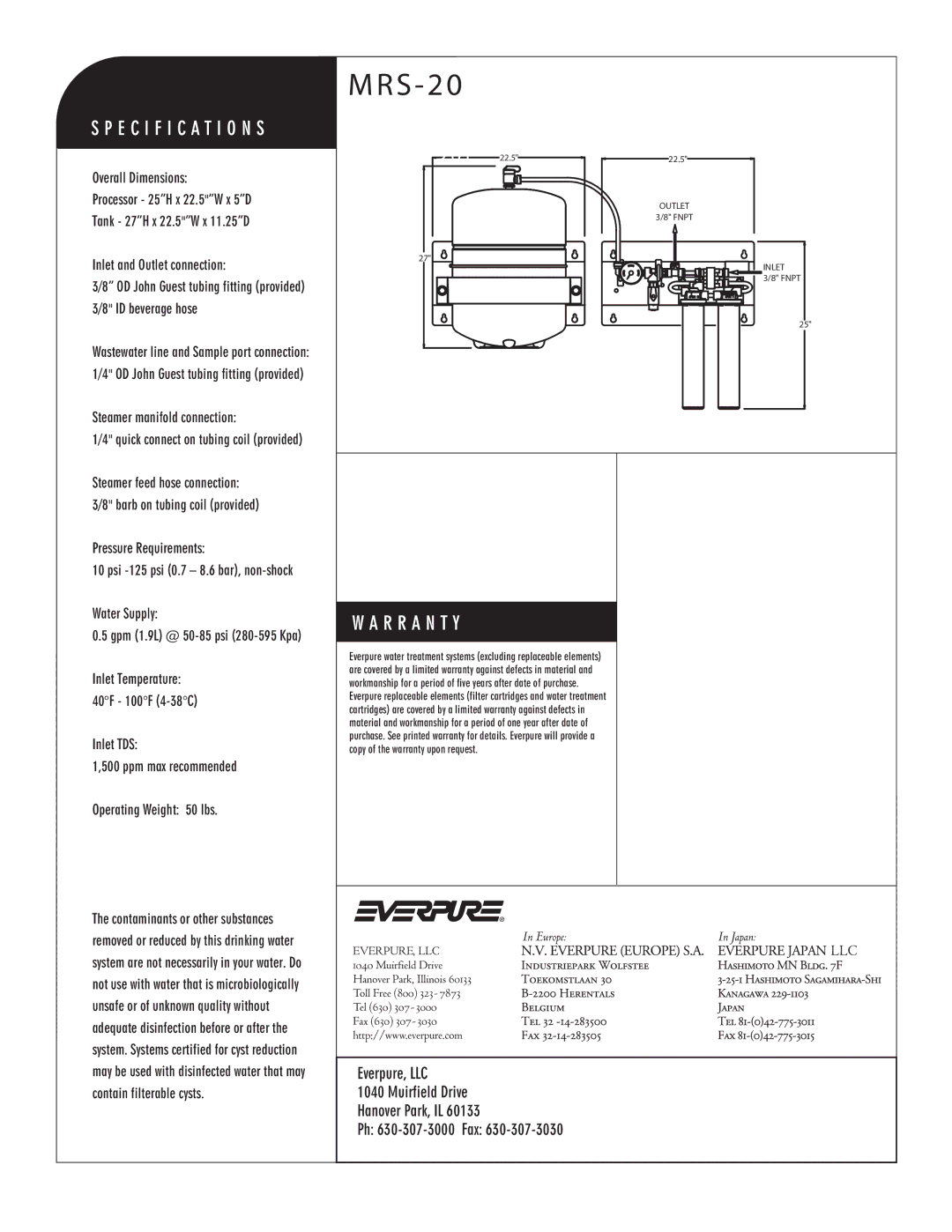 Everpure E17-17, EV9797-92 manual Steamer manifold connection, Pressure Requirements, Water Supply 