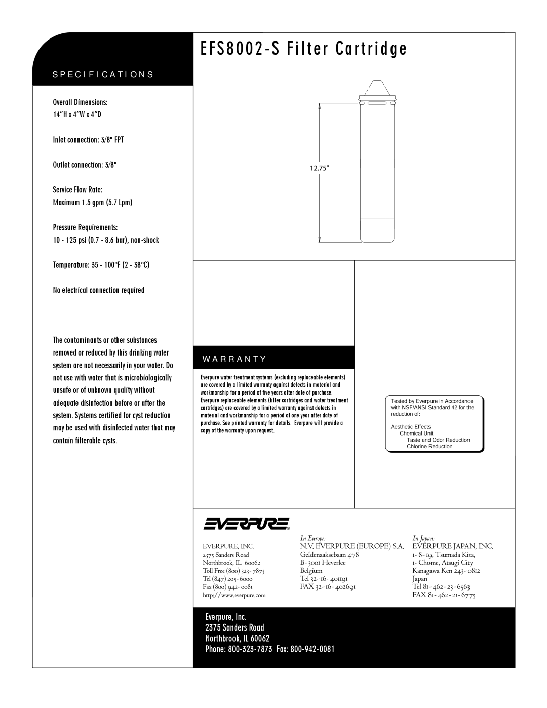 Everpure EFS8002-S, EV9781-12 manual Specification S, R R a N T Y 